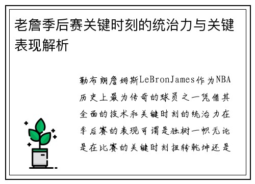 老詹季后赛关键时刻的统治力与关键表现解析