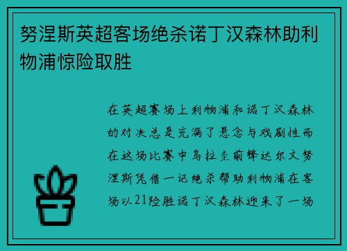 努涅斯英超客场绝杀诺丁汉森林助利物浦惊险取胜 努涅斯英超客场绝杀诺丁汉森林助利物浦惊险取胜